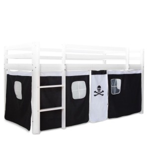 Homestyle4u Bettumrandung Pirat für Kinderhochbett. Schwarz-weißer Bettvorhang mit Totenkopf und Fenstern.