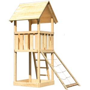 Karibu Spielturm Lotti aus naturbelassenem Holz mit Sandkiste und Netzrampe.