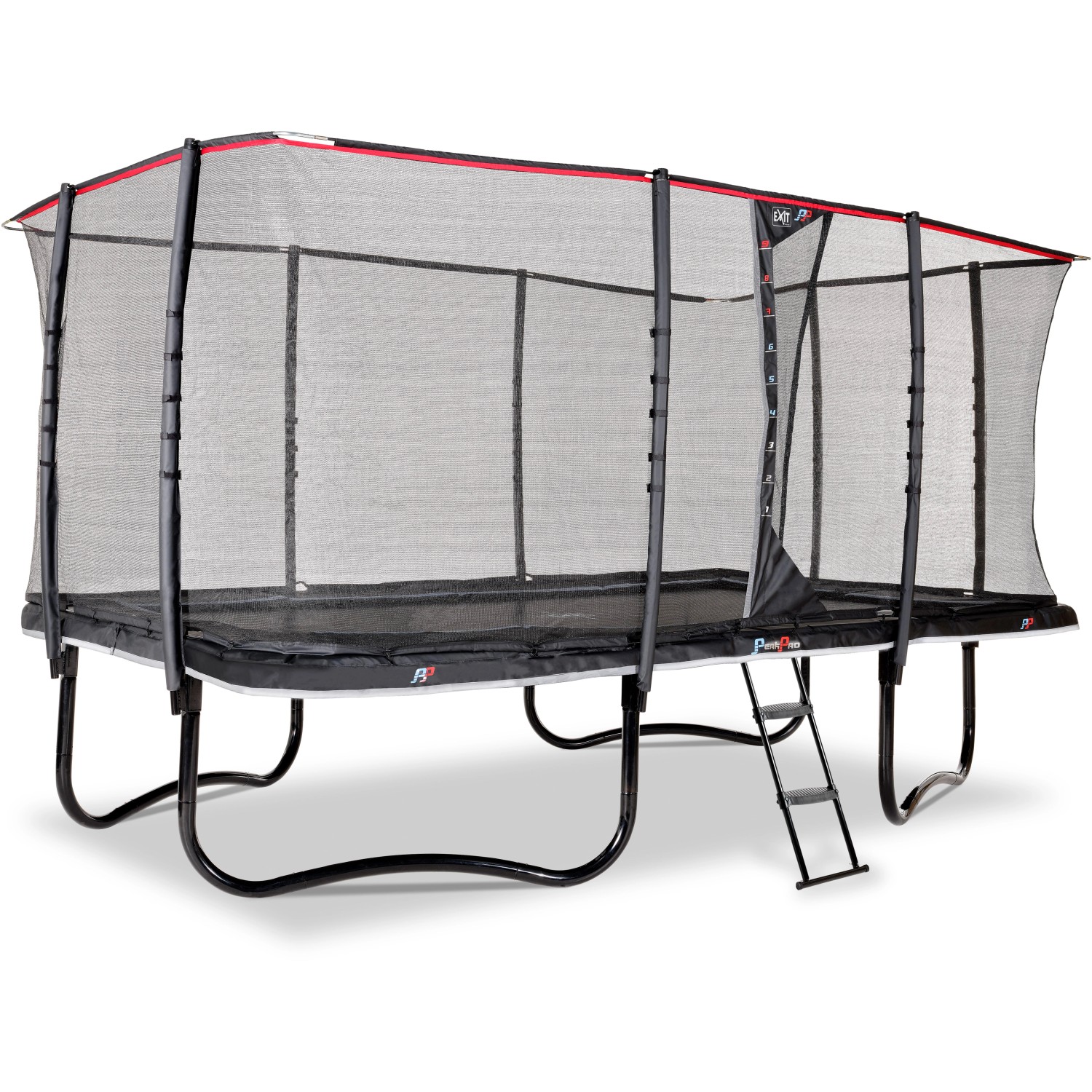 Schwarzes, rechteckiges EXIT PeakPro Gartentrampolin (275x458 cm) mit Sicherheitsnetz und Leiter.