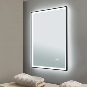 Orion LED Spiegel 45x60cm mit schwarzem Rahmen, Hintergrundbeleuchtung, Anti-Fog und Touch-Bedienung.