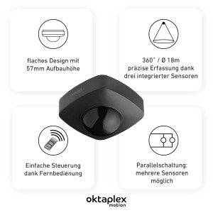 Oktaplex Tim Bewegungsmelder 360° anthrazit für Außen, mit Fernbedienung. Deckenmontage, IP65.