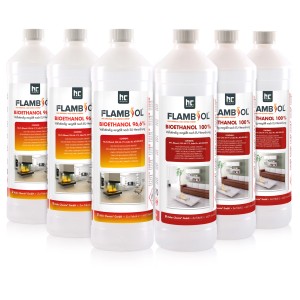 Flambiol Probierset: 6 Flaschen Bioethanol (3x 96,6%, 3x 100%) für Kamine & Feuerstellen.