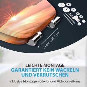 Sanilo WC-Sitz Grand Canyon mit Absenkautomatik, Holzdeckel und Montagezubehör.