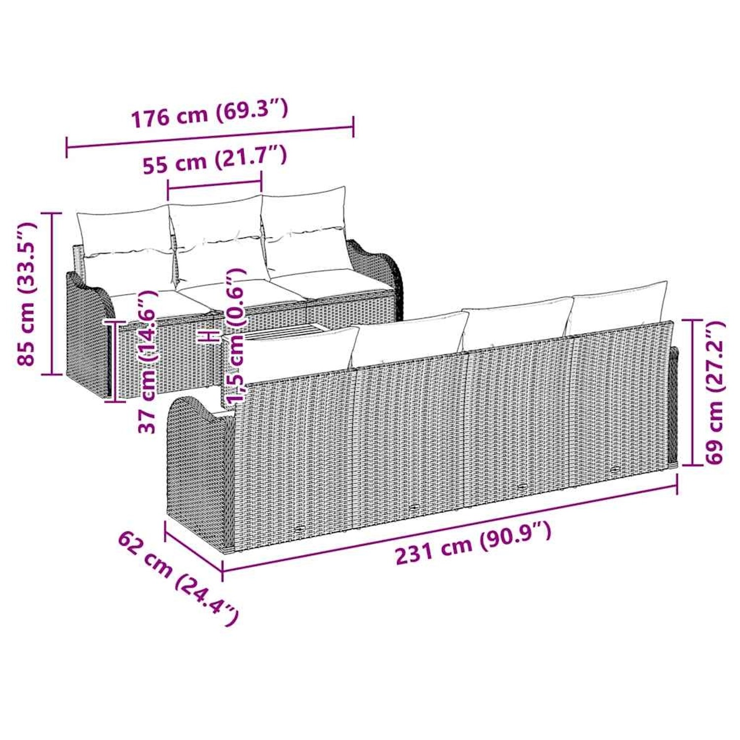 vidaXL Garten-Sofa-Set, 8-teilig, beige/weiß, mit Maßangaben für Planung.