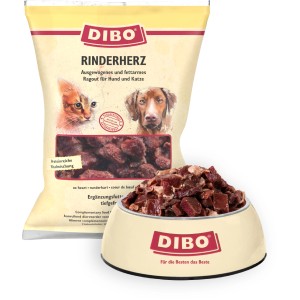 Dibo Rinderherz Frostfutter für Hunde und Katzen, 500g Packung und Schale mit rohem Barf.