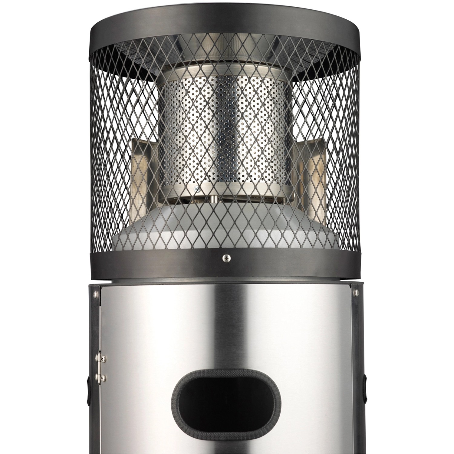 Enders Gas-Terrassenheizer Polo 2.0 aus Edelstahl, Detailaufnahme des Heizelements mit Schutzgitter.