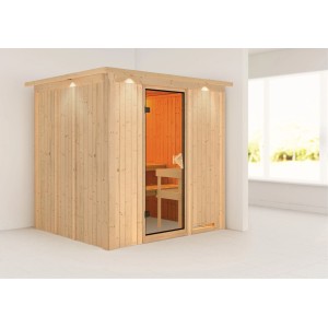 Karibu Massivholzsauna mit LED-Dachkranz und Bronzeglastür. Inklusive Bänke und Ofenschutzgitter.