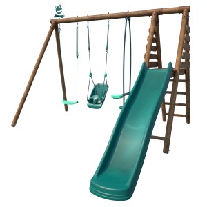 Soulet Holzschaukel Tulipe mit Rutsche, grünem Sitz und Kindersitz. Schaukel für Kinder von 3-12 Jahren und Kleinkinder.