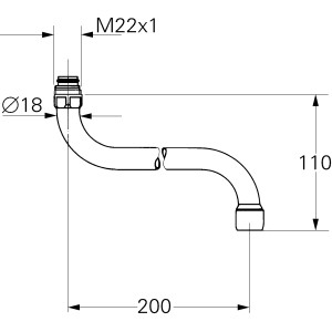 Technische Zeichnung: Grohe Rohrauslauf für Küchenarmatur, schwenkbar, Ausladung 200mm, aus Messing.