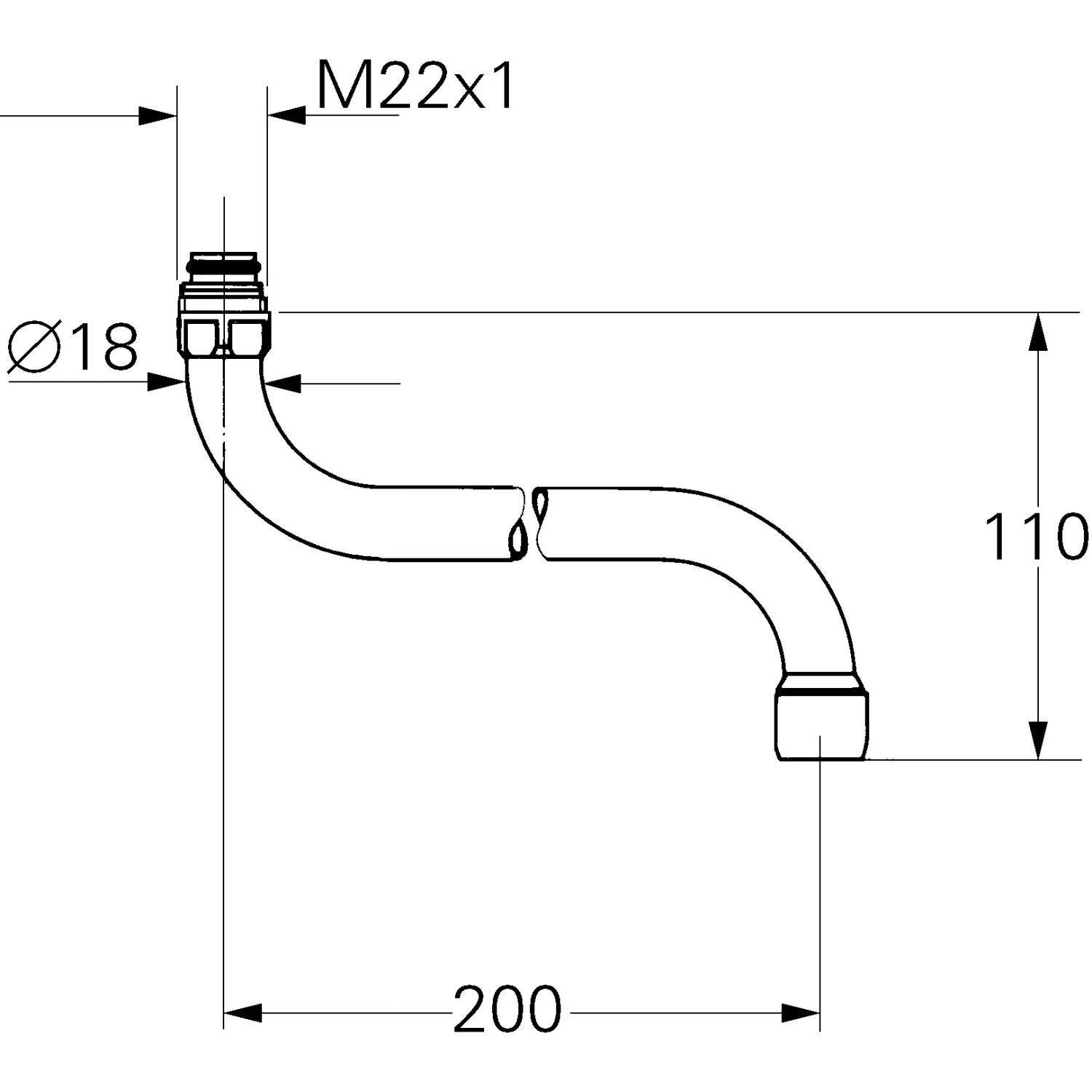 Technische Zeichnung: Grohe Rohrauslauf für Küchenarmatur, schwenkbar, Ausladung 200mm, aus Messing.