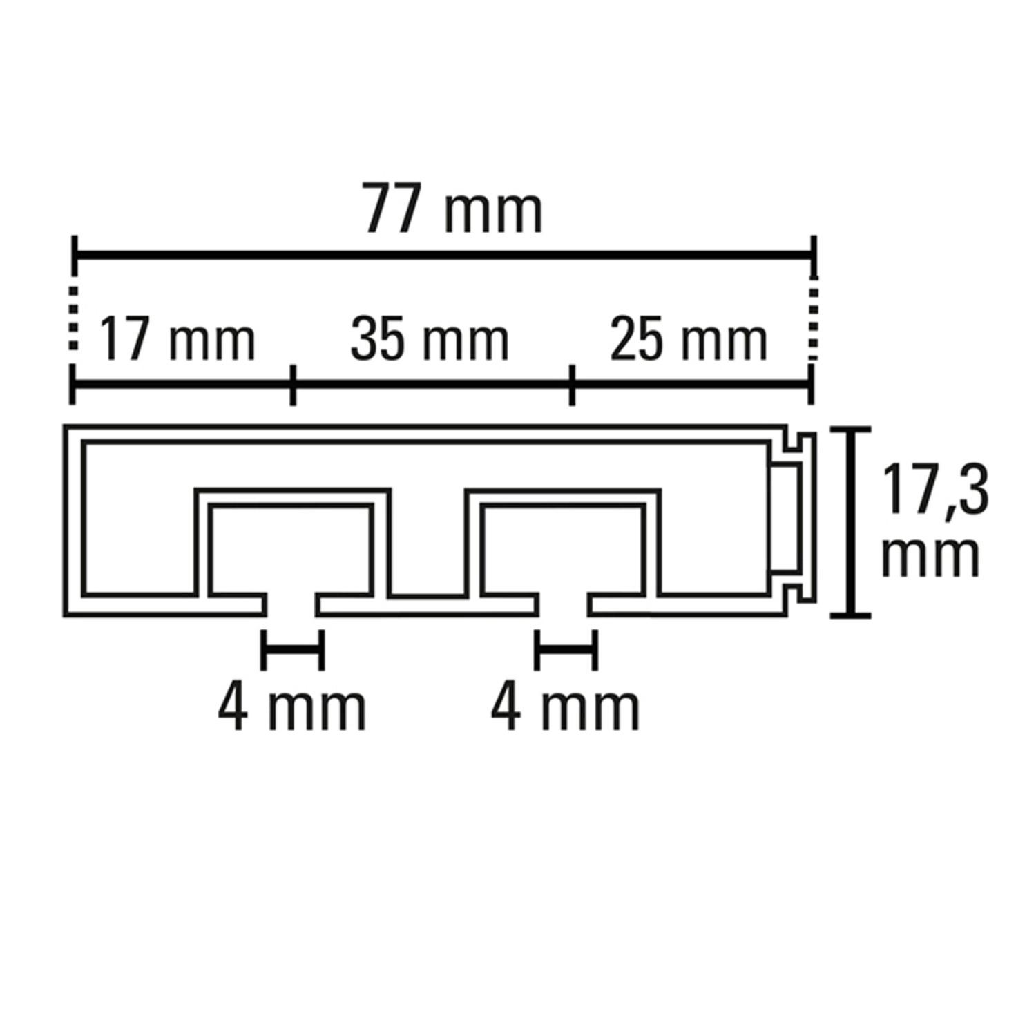 Technische Zeichnung Gardinia Vorhangschiene GE2, 2-läufig, weiße Schiene mit Maßangaben.