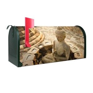 Grüner US Briefkasten mit Buddha Motiv. Amerikanischer Postkasten für Wand- oder Standmontage.