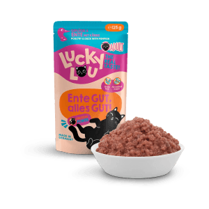 Lucky Lou Katzen-Nassfutter Adult Geflügel & Ente, 125g Packung und Schale mit Futter.