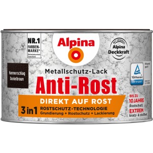 Dunkelbrauner Alpina Metallschutzlack Anti-Rost mit Hammerschlag-Effekt, 300ml Dose.