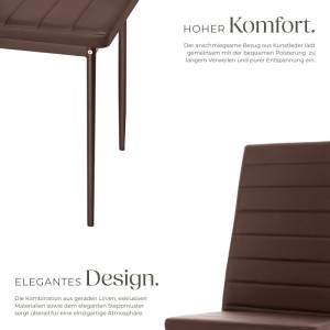 Cappuccino Esszimmerstuhl Set mit gepolstertem Kunstlederbezug, hoher Rückenlehne und eleganten Metallbeinen. Modernes Design.