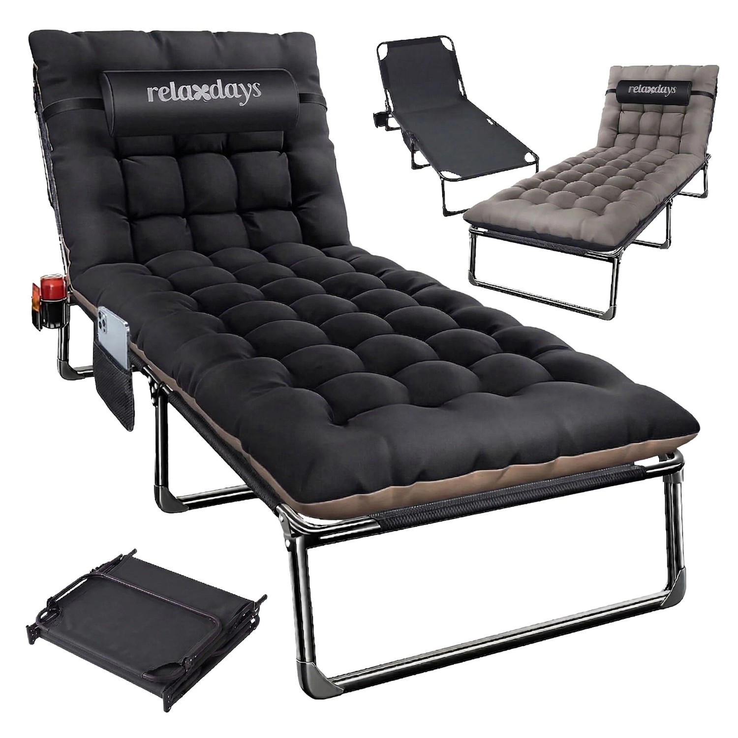 Relaxdays Campingbett Stahl Schwarz Klappbar 190 cm x 72 cm x 26 cm 250 kg