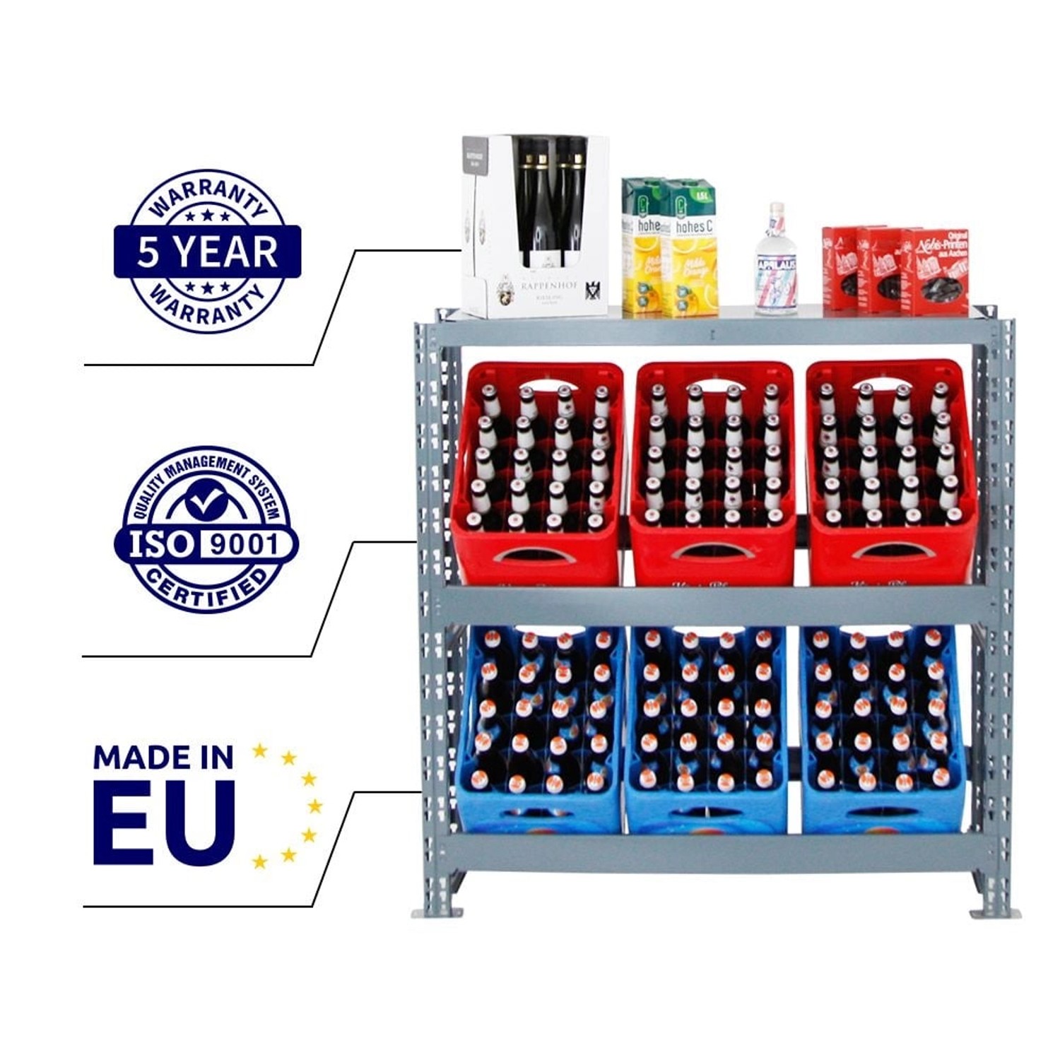 Graues PROREGAL Getränkekistenregal Tegernsee XL mit 6 Kisten auf 2 Ebenen.