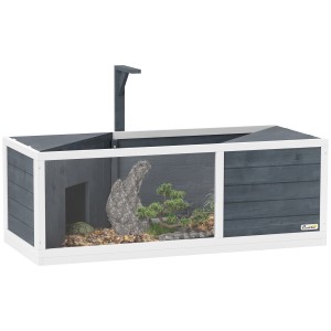 PawHut Schildkrötenhaus aus Tannenholz, grau/weiß, mit transparentem Bereich und Lichtstandvorrichtung.