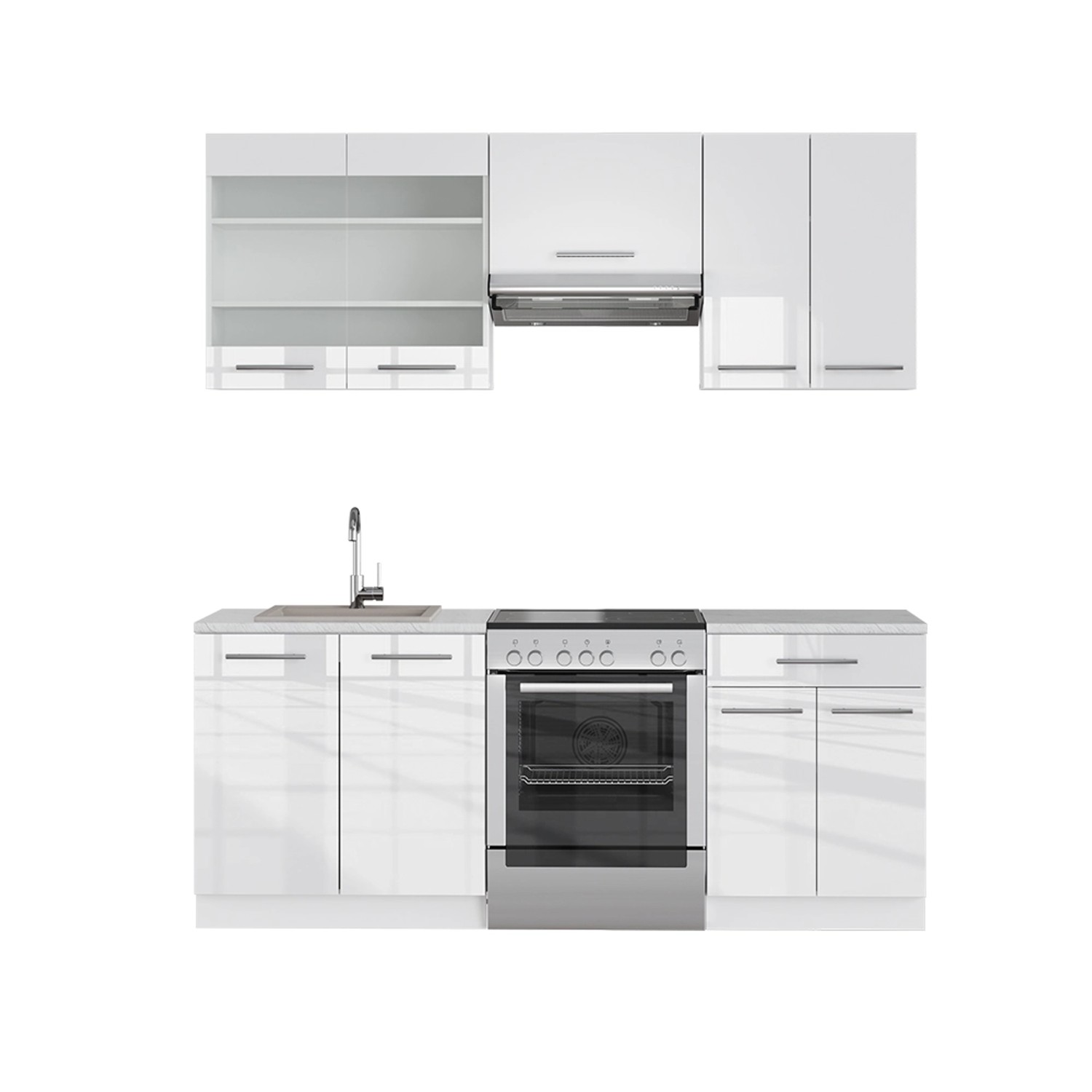 Vicco Fame-Line Küchenschränke Weiß Hochglanz/Weiß 200 cm AP Marmor günstig online kaufen