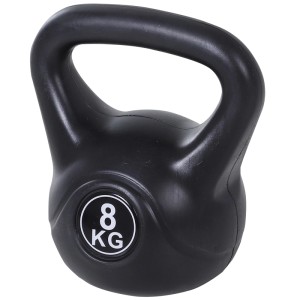 Schwarze 8 kg HOMCOM Kettlebell aus Kunststoff mit Sandfüllung für Sport & Fitness.