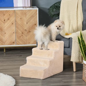 Beige PawHut Hundetreppe mit 4 Stufen und Plüsch für kleine Hunde.