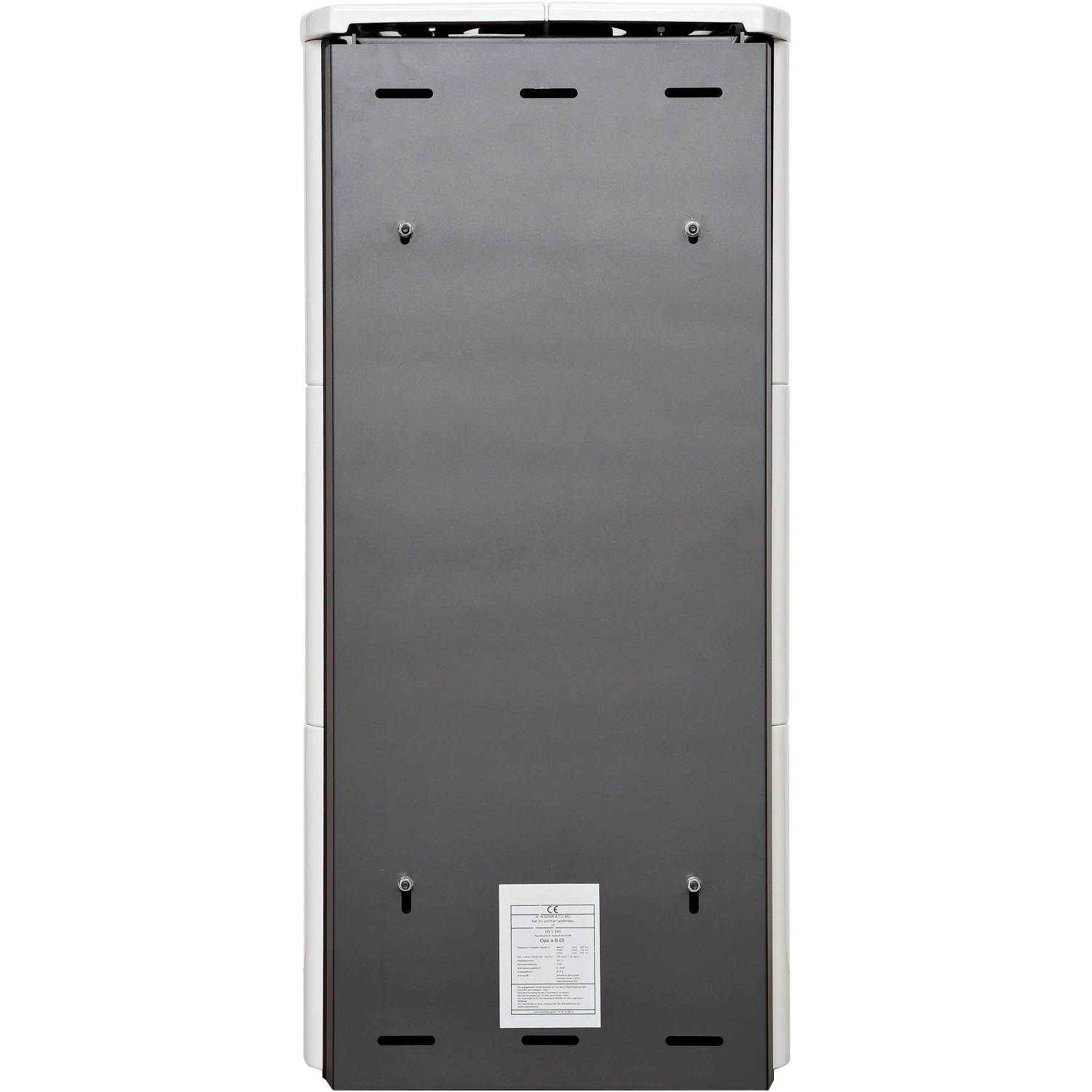 Rückansicht des weißen Hark Küchenofen Keramik 5 kW mit Automatik. Kaminofen mit grauer Rückwand.