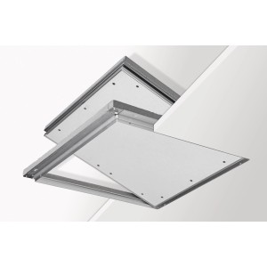 Knauf alutop Revisionsklappe System D131 F30, 45x60 cm, für Gipskartonplatten, geöffnet.