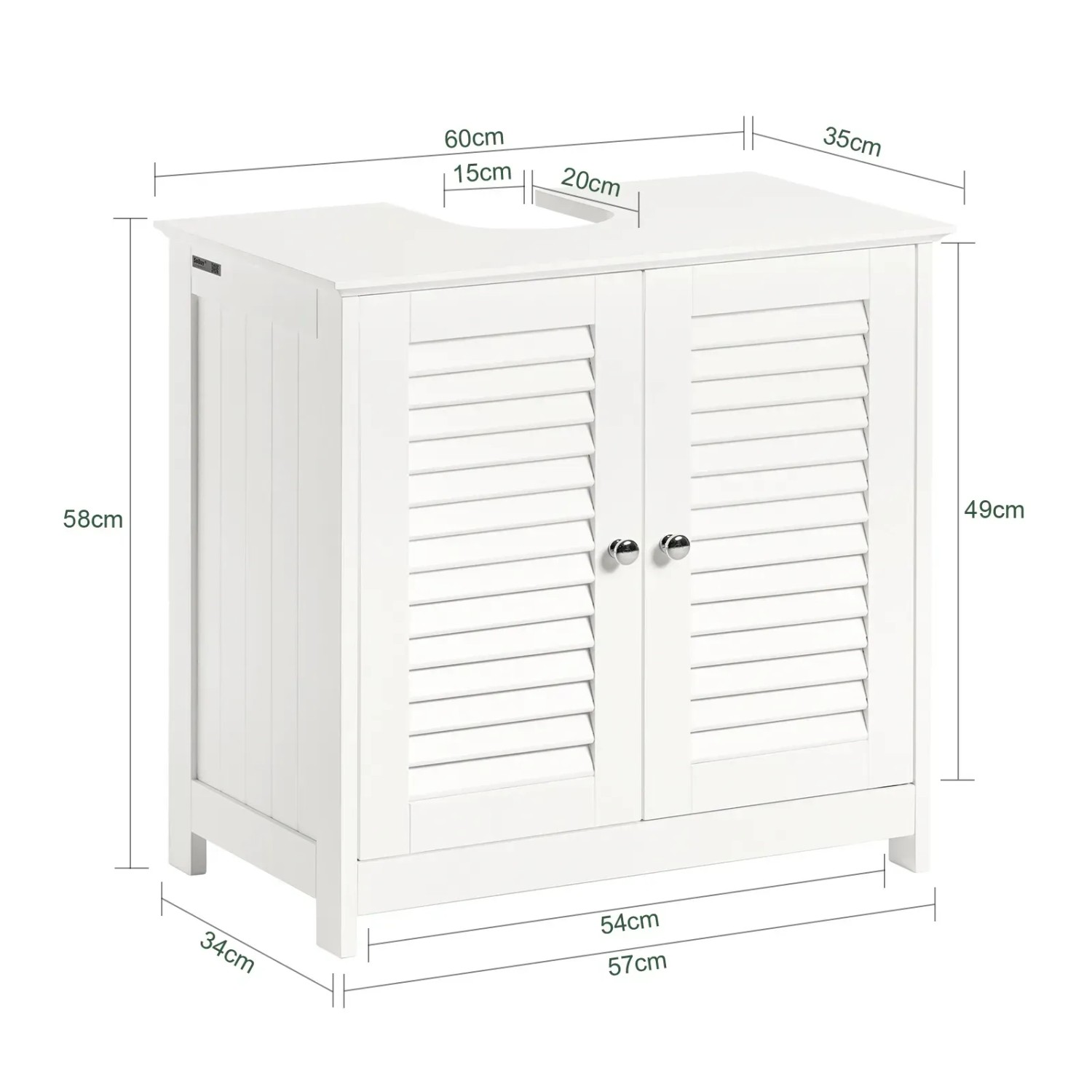 Weißer SoBuy Waschbeckenunterschrank aus MDF mit 2 Lamellentüren, Siphonausschnitt und Maßen 60x58x35cm.
