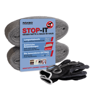 RAKSO Stop-it Edelstahlwolle Set zur Ratten- und Mäuseabwehr mit Schere und Handschuhen.