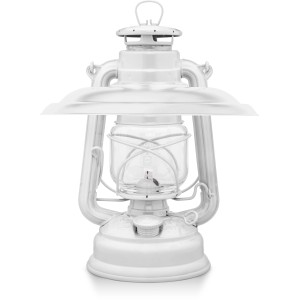 Weiße Feuerhand Sturmlaterne Baby Special mit Reflektorschirm für blendfreies Licht.