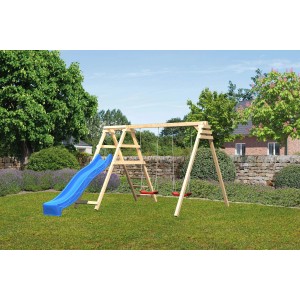 Karibu Doppelschaukel Felix mit blauem Klettergerüst und Rutsche im Garten.