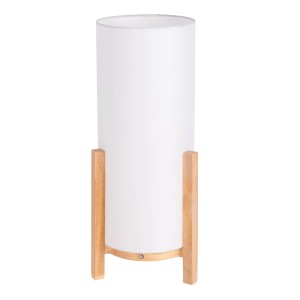 Näve LED-Akkutischleuchte Madita mit Holzfuß und weißem Textilschirm.