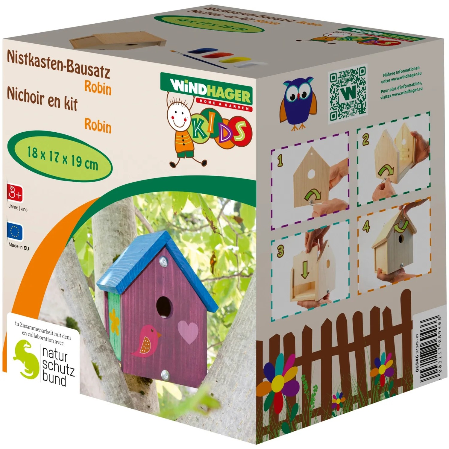 Nistkasten-Bausatz Robin: DIY-Vogelhaus zum Bemalen, inkl. Farben und Pinsel. Ideal für Kinder ab 3 Jahren.