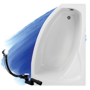 Weiße Acryl Eckbadewanne FRIDA 140x90 rechts, inklusive Ablauf und Füße. Ideal für Ihr Bad.