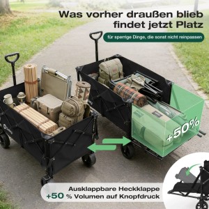 Sekey Bollerwagen mit ausklappbarer Heckklappe, beladen mit Campingausrüstung.