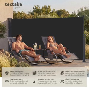 Schwarze Tectake Seitenmarkise 160x300 cm als Sicht- und Sonnenschutz im Garten.