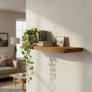 Braunes Relaxdays Wandregal aus Kiefernholz mit Baumkante, 70 cm breit, an weißer Wand mit Deko.