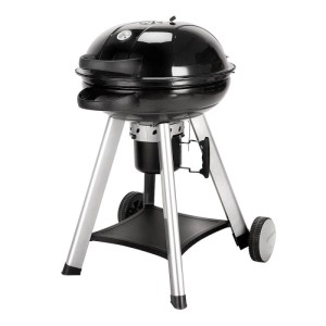 Schwarzer Taino Neo Holzkohle-Kugelgrill mit klappbarem Deckel, Thermometer und Rädern. Ideal für Garten & Terrasse.