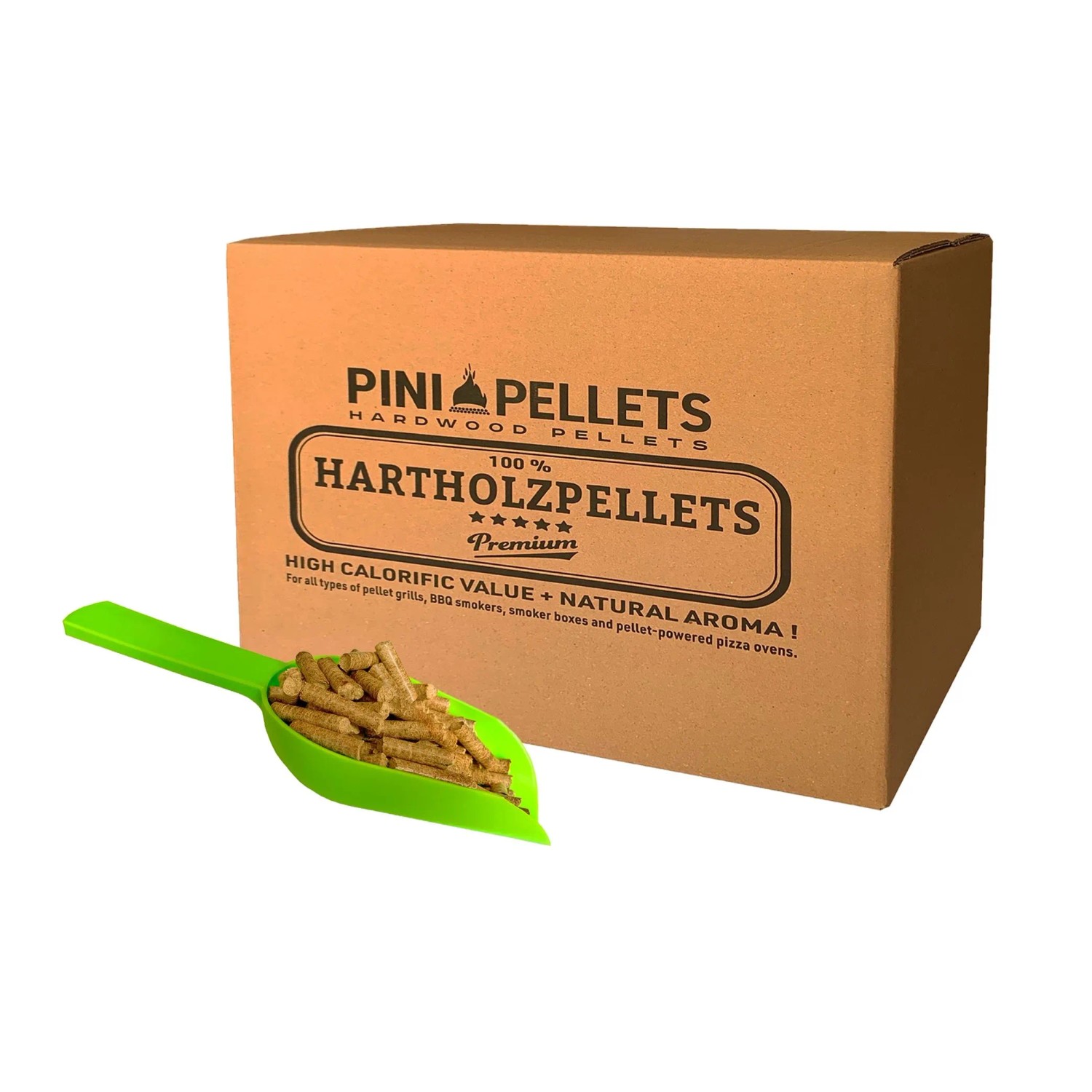 PINI Hartholzpellets 10 kg Erle in brauner Box, daneben grüne Schaufel mit Grillpellets für BBQ & Smoken.