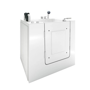 Weiße AquaVapore Sitzbadewanne mit Tür, Whirlpoolfunktion und Armaturen. Rechteck-Badewanne 100x78cm.