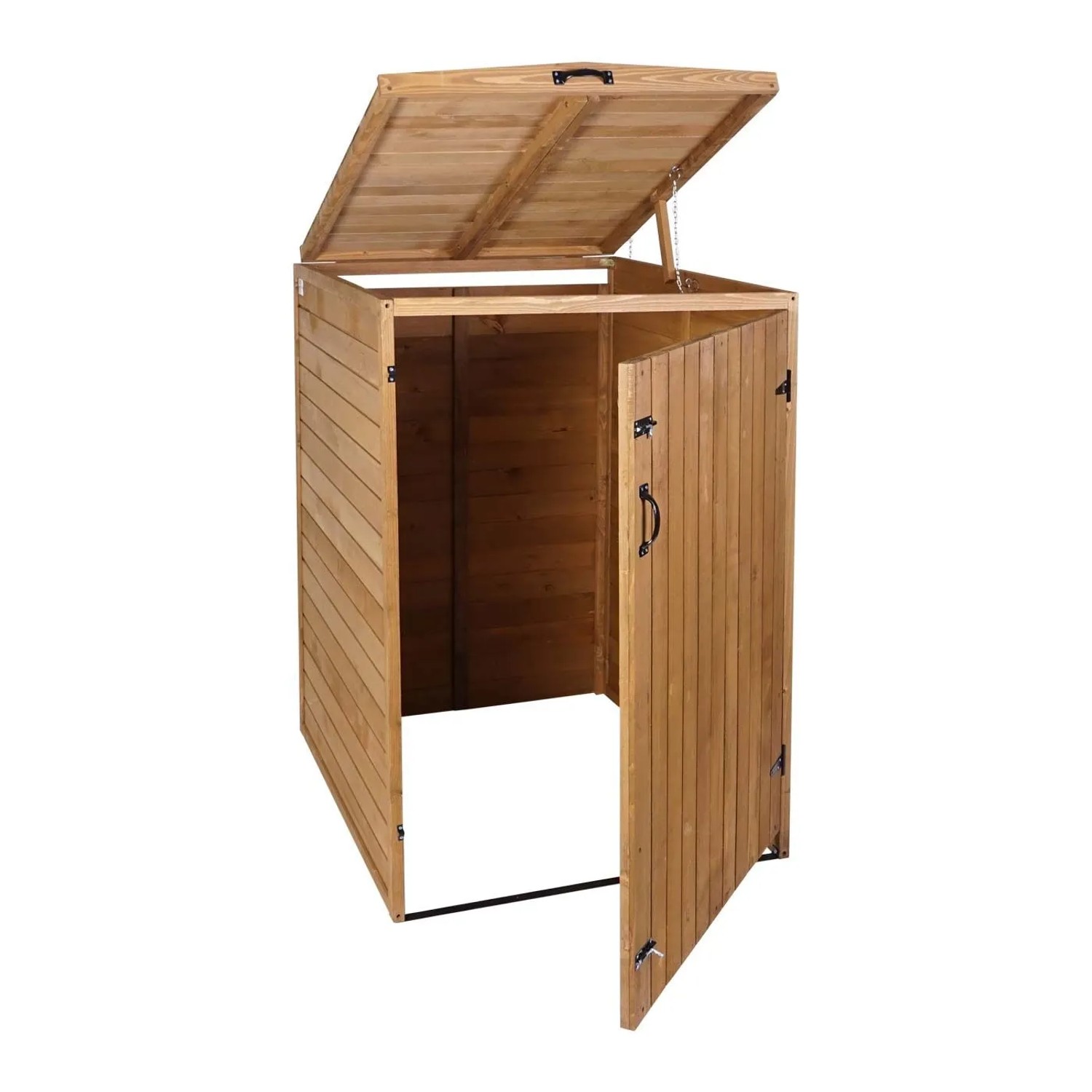 Braune Proregal XL Mülltonnenbox aus Tannenholz, Deckel und Tür geöffnet. Robuste Holzverkleidung für Mülltonnen.