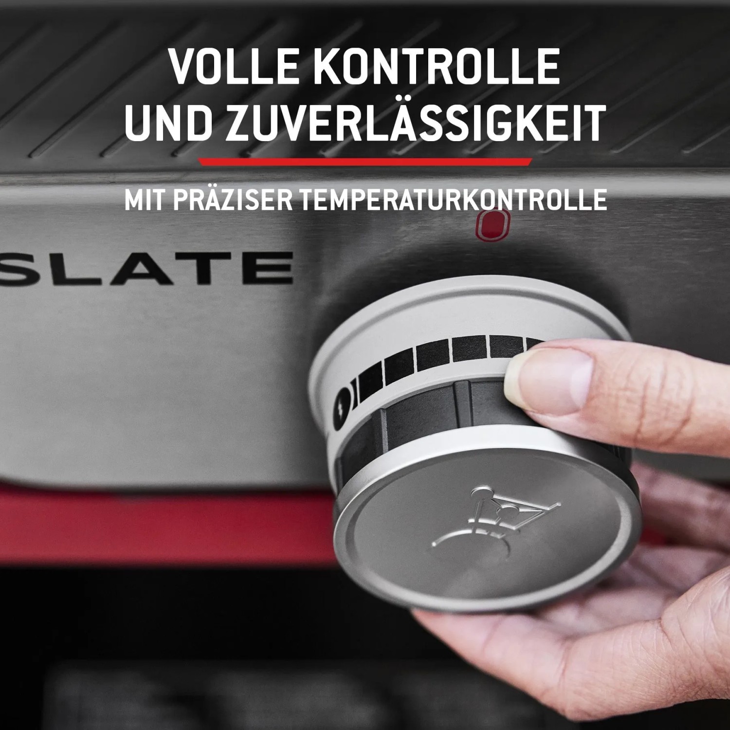 Detailaufnahme: Weber Slate GPD Premium Plancha Gasgrill mit Temperaturregler für präzise Kontrolle.