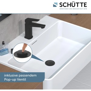 Schwarze Schütte Waschtischarmatur Raven mit Pop-Up Ventil am Waschbecken.