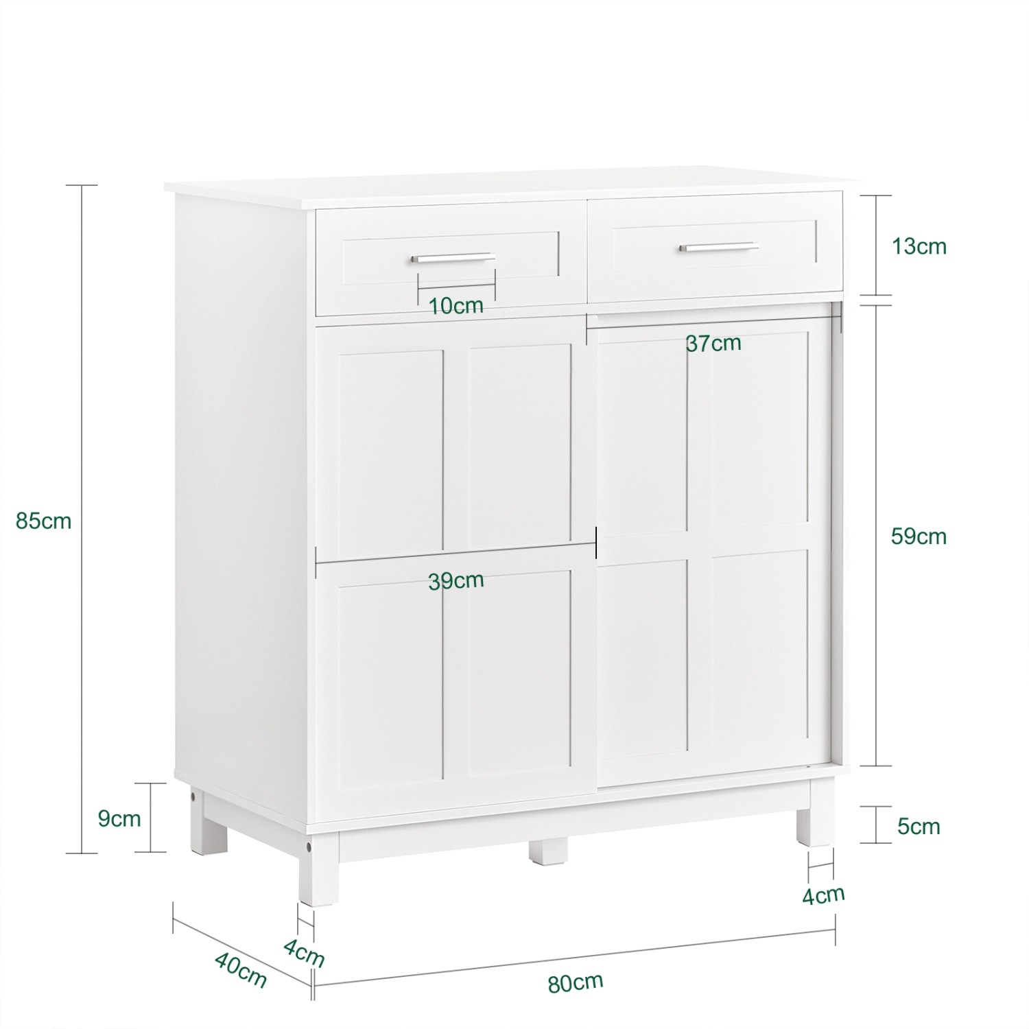 Weißes SoBuy Sideboard FSB84-W mit Schubladen und Schiebetüren, ideal als Schuhschrank oder Küchenschrank.
