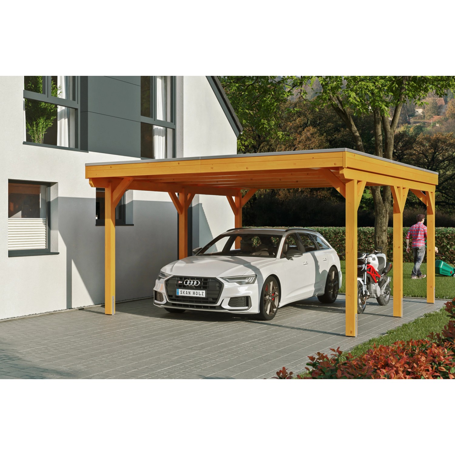 Skan Holz Carport Grunewald 427 cm x 554 cm mit EPDM-Dach Eiche Hell