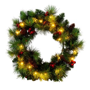 LED-Weihnachtskranz „Noel“ in Rot mit Tannenzweigen, Zapfen, Beeren und warmweißen Lichtern.