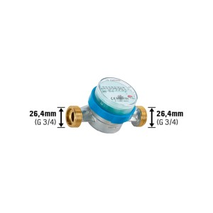 Wasserzähler Kalt 130 mm mit Außengewinde 26,4 mm (G 3/4) zur Messung des Wasserverbrauchs.