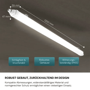 LUXULA LED Feuchtraumleuchte, 120cm, 36W, neutralweiß, IP65. Robuste Unterbauleuchte für Feuchträume.
