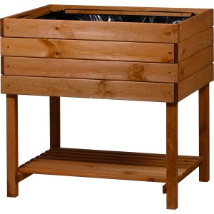 Hellbraunes Dobar Hochbeet Kubus 2.0 aus FSC®-Kiefernholz mit Ablage und Pflanzfolie.