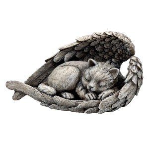 Grabdekoration: Schlafende Katze in Flügeln, Memoria Tiergrabschmuck aus Kunststein.
